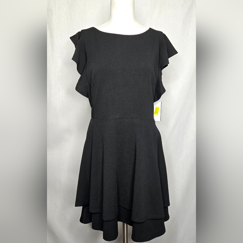 Midnight Doll Black Layered Ruffle Flutter Sleeves Skater Dress Size‎ L NWT